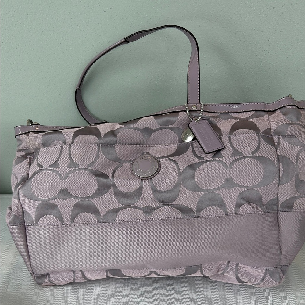 Coach Signature Stripe Carryall weekender travel bag in lavender